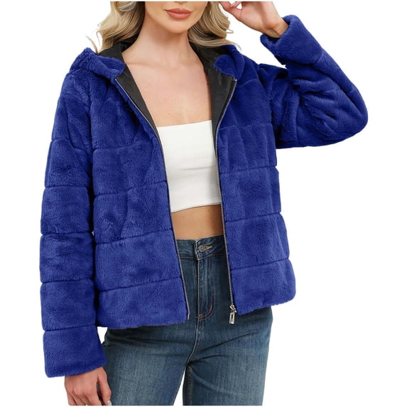 Kukoosong Women's Faux Fur Jackets, Long Sleeve Open Front Lapel Fluffy Winter Jackets, Winter Warm Solid Color Hooded Outerwear Fuzzy Coats