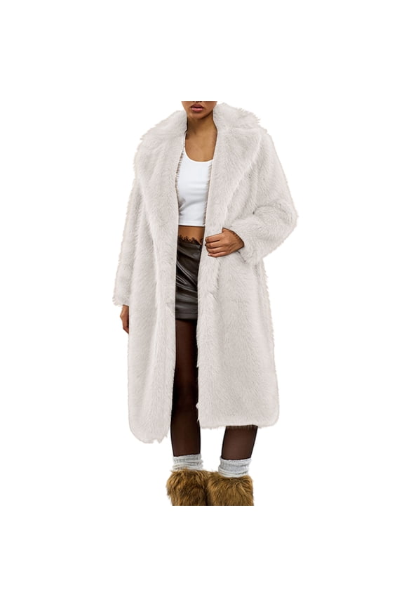 Women's Faux Fur Jackets, Long Sleeve Open Front Lapel Fluffy Winter Jackets, Winter Warm Solid Color Mid-Length Outerwear Fuzzy Coats