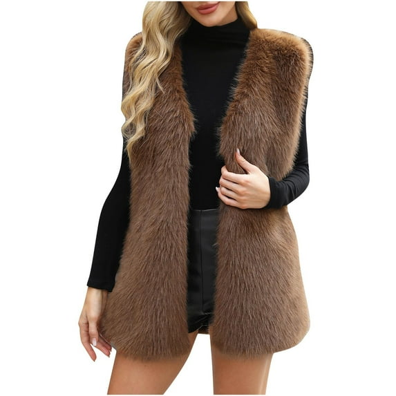 Kukoosong Women's Faux Fur Vests, Stand Collar Sleeveless Open Front Cardigans, Winter Warm Fluffy Outwear with Pockets