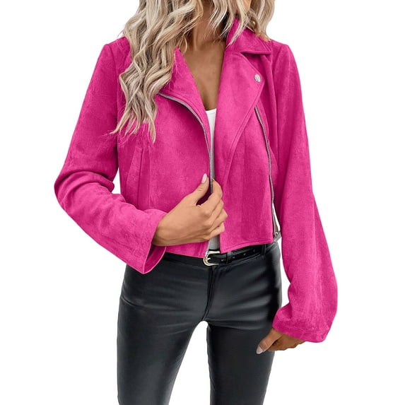 Kukoosong Women's Faux Leather Jackets, Suede Zipper Pocket Motorcycle Bomber Coats, Open Front Cropped Coat Outwear