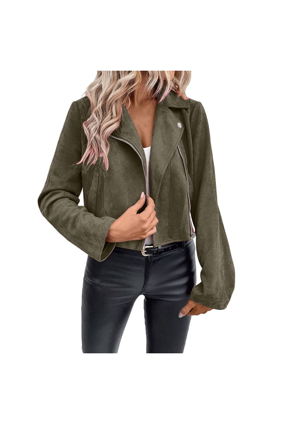 Women's Faux Leather Jackets, Suede Zipper Pocket Motorcycle Bomber Coats, Open Front Cropped Coat Outwear