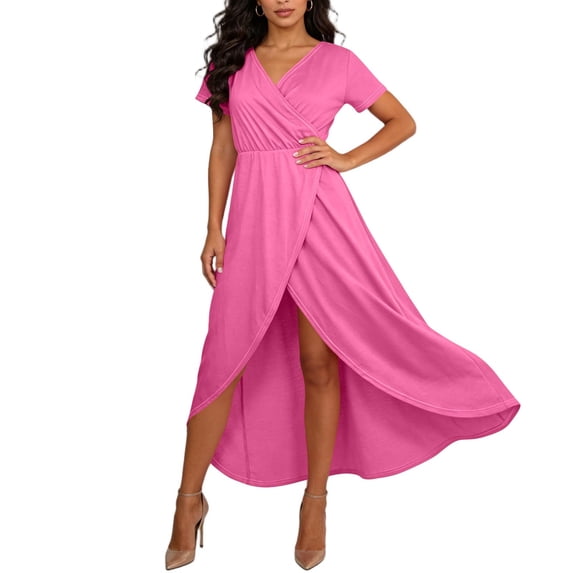 Kukoosong Women's Flattering Wrap V-Neck Short Sleeve Maxi Dress with High Slit and Elastic Waistband for Cocktail Party Summer