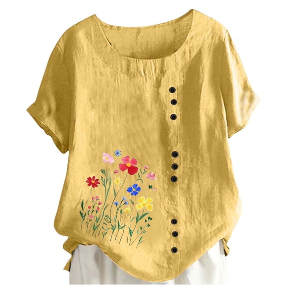 Kukoosong Women's Floral Print Crop Top T-Shirt with Button Detail for Spring and Summer Casual Short Sleeve Crew Neck Active Fit Women's T-Shirts
