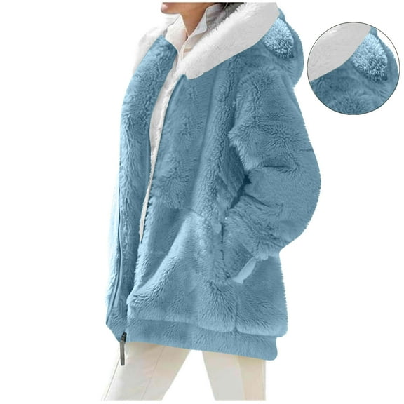 Kukoosong Women's Fuzzy Fleece Jacket Zip Up Hooded Cardigan Coats Outerwear with Pockets