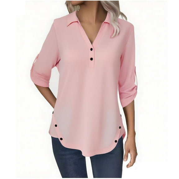 Kukoosong Women's Golf Polo Shirts 3/4 Sleeve V-Neck Workout Button T-shirt