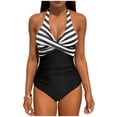 thumbnail image 1 of Kukoosong Women's Halter Neck One-Piece Swimsuit High Waist Supportive Beach Swimwear Striped Print Bathing Suits, 1 of 6
