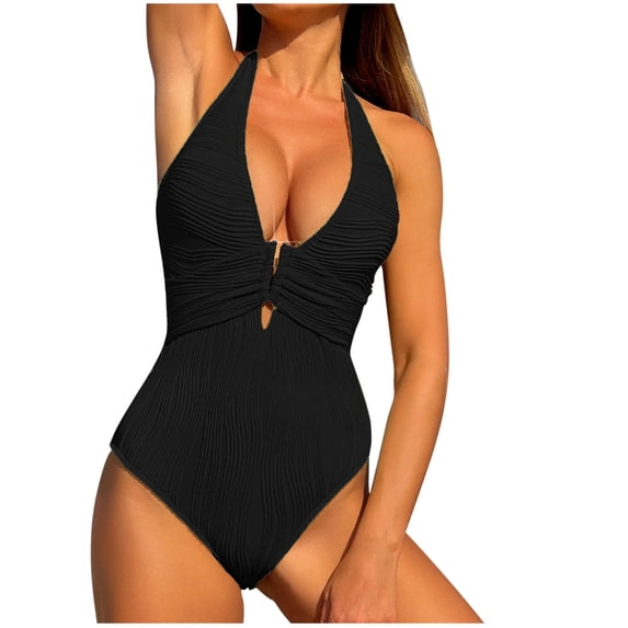 Kukoosong Women's Halter One-Piece Swimsuit High Waist Supportive Solid Color Beach Swimwear Bathing Suits
