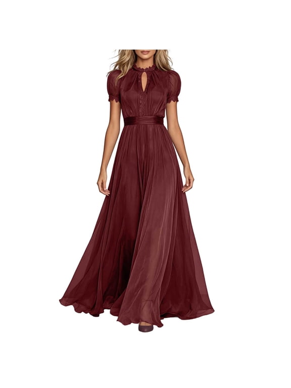Women's High Neck Keyhole Maxi Dress, Short Puff Sleeve Lace Trim A Line Flowy Long Gown for Wedding Guest and Formal Events