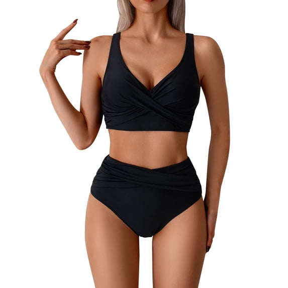 Kukoosong Women's High Waist Two Piece Swimsuit Set, Solid Color Conservative Pleated Bikini with Supportive Bralette Top