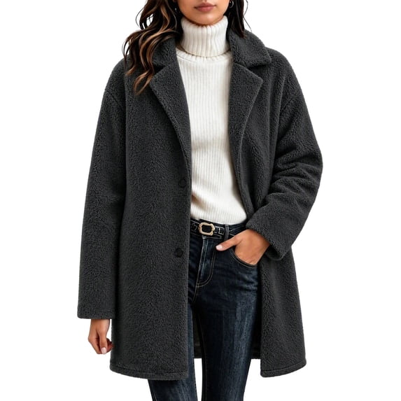 Kukoosong Women's Lapel Collar Sherpa Trench Coat, Mid Length Single Button Fuzzy Fleece Jacket with Pockets, Fall Winter Casual Outerwear Coat Daily Outfits