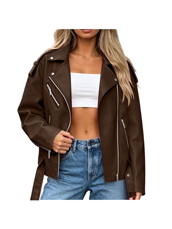 Women's Lapel PU Leather Moto Jacket, Spring Casual Loose Fit Outerwear, Long Sleeve Zipper Belted Biker Coat for Street Outings