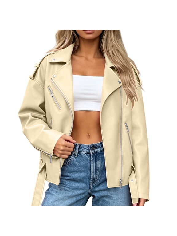 Women's Lapel PU Leather Moto Jacket, Spring Casual Loose Fit Outerwear, Long Sleeve Zipper Belted Biker Coat for Street Outings