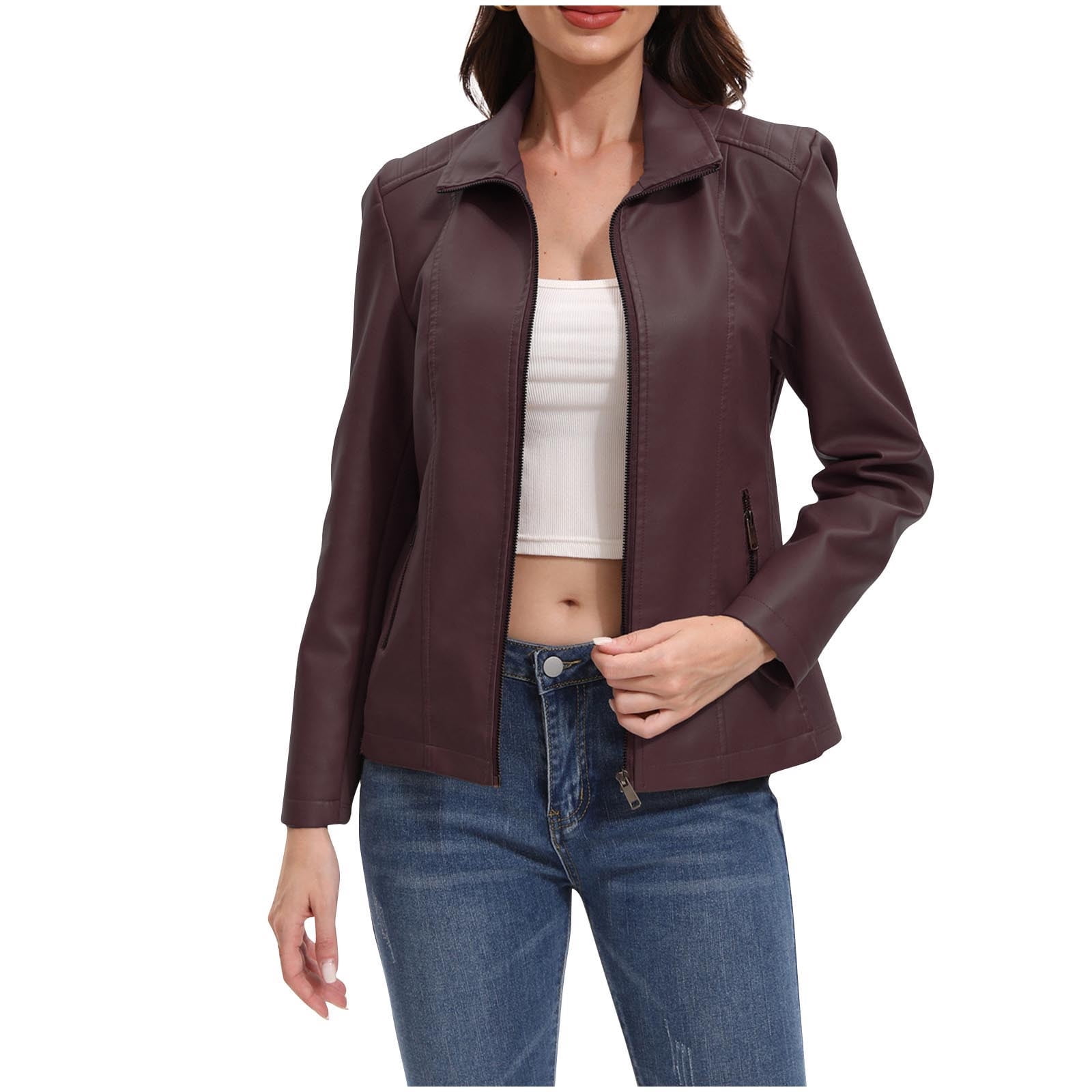 Kukoosong Women's Leather Jacket, Oversized Zipper Pocket Motorcycle Bomber Coats, Hoodless Faux Leather Outwear