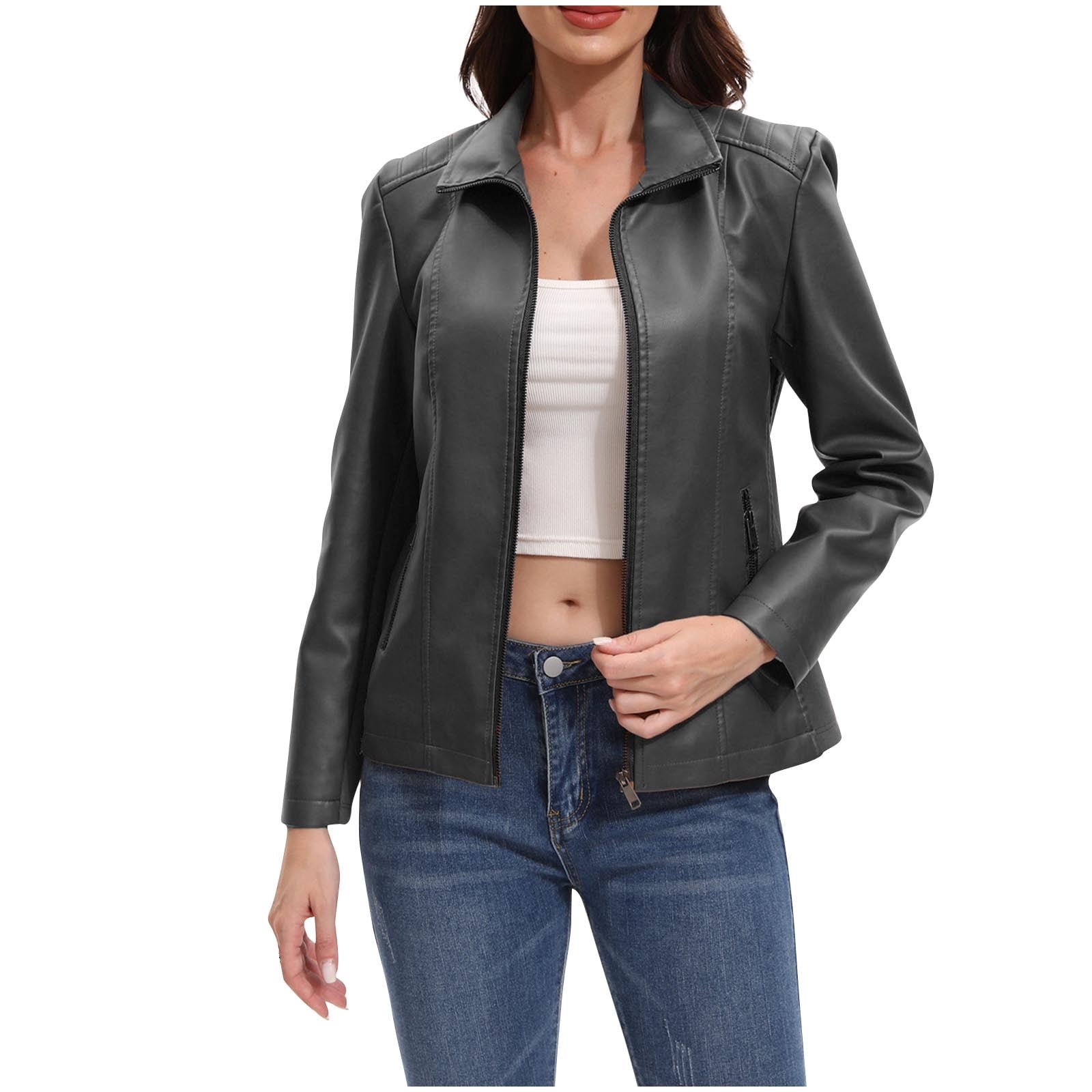 Kukoosong Women's Leather Jacket, Oversized Zipper Pocket Motorcycle Bomber Coats, Hoodless Faux Leather Outwear