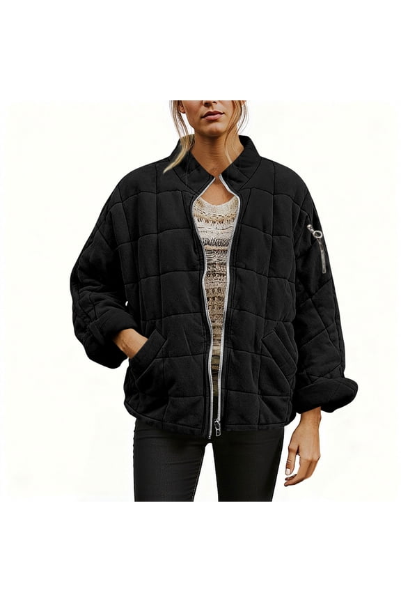 Women's Lightweight Down Jacket, Long Sleeve Full Zipper Oversized Packable Short Puffer Jackets, Winter Casual Cropped Puffer Coat with Pockets