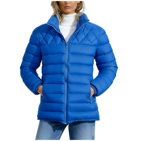 Kukoosong Women's Lightweight Long-Sleeve Puffer Jacket, Winter Warm Double Pocket Zipper Stand Up Collar Parkas Outwear Jacket