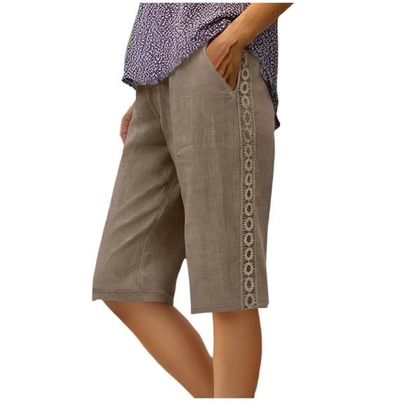 Kukoosong Women's Linen Drawstring Elastic Waist Beach Shorts for Summer Casual Comfortable Loose Straight Leg Short Pants with Side Lace Lock Pockets