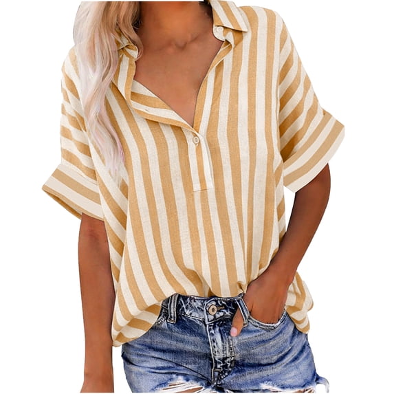 Kukoosong Women's Linen-Like Casual Short Sleeve Striped Crop Top with Button Down Collar Women's Shirts