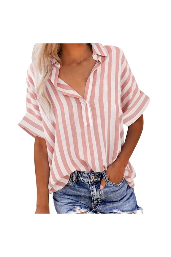 Women's Linen-Like Casual Short Sleeve Striped Crop Top with Button Down Collar Women's Shirts