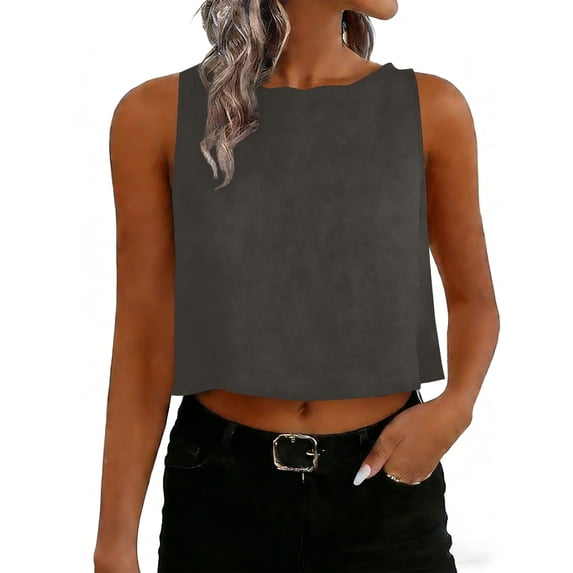 Kukoosong Women's Linen Style Button Tank Tops Solid Color Sleeveless Crew Neck Crop Top for Summer Daily Wear Tops, Breathable Trendy Elegant Vest Tops for Women