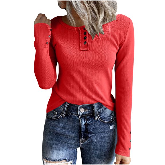 Kukoosong Women's Long Sleeve Henley T-Shirts Fall utton Ribbed Knit Slim Fit Casual Basic Tops Blouse