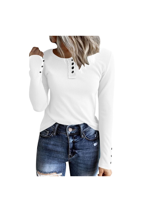 Women's Long Sleeve Henley T-Shirts Fall utton Ribbed Knit Slim Fit Casual Basic Tops Blouse