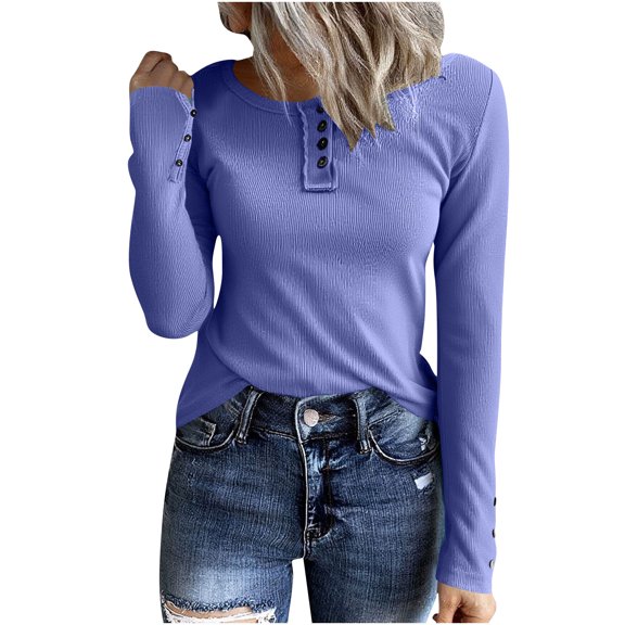 Kukoosong Women's Long Sleeve Henley T-Shirts Fall utton Ribbed Knit Slim Fit Casual Basic Tops Blouse