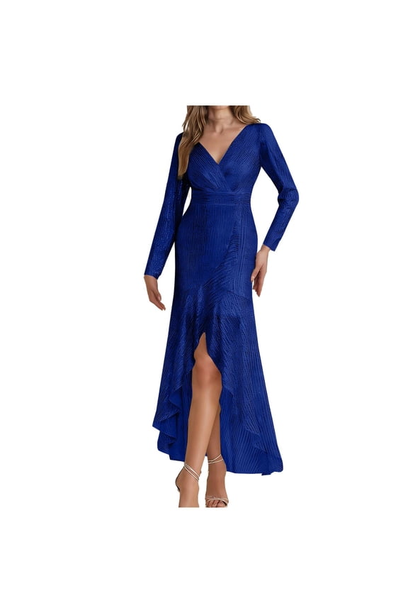 Women's Long Sleeve V-Neck Sequin Mermaid Maxi Evening Gown for Party Wedding Prom and Formal Occasions Dresses