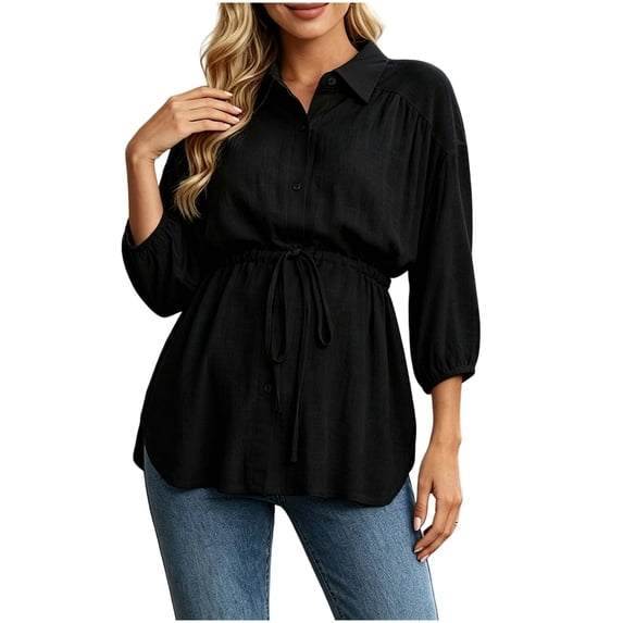 Kukoosong Women's Maternity Collared Button Down Shirt, 3/4 Puff Sleeve Drawstring Waist Blouse, Loose Flowy Casual Tunic Tops for Pregnancy Daily Office Wear