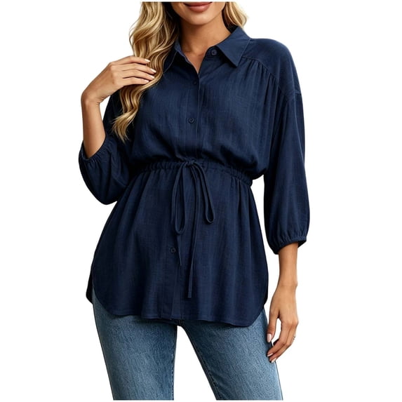 Kukoosong Women's Maternity Collared Button Down Shirt, 3/4 Puff Sleeve Drawstring Waist Blouse, Loose Flowy Casual Tunic Tops for Pregnancy Daily Office Wear