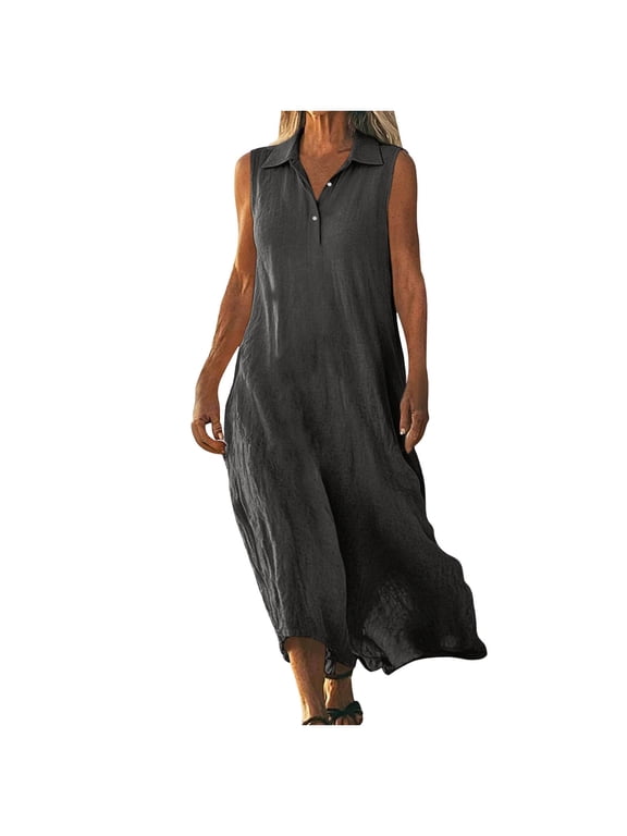 Women's Maxi Shirtdress Women's Button Down Shirt Dresses Summer Casual Waist-Cropped Sleeveless Flowing Strappy Lapel Long Tank Dress with Pockets