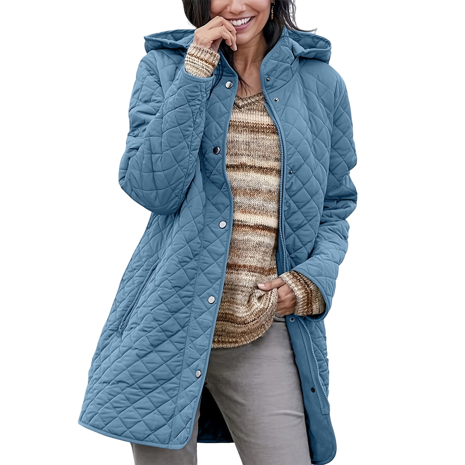 Stictch Fall Kukoosong Women's Mid-Length Hooded Quilted Coat, Full Zip and Snap ...
