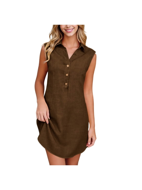 Women's Mini Shirtdress Women's Button Down Shirt Dresses Summer Casual Waist-Cropped Sleeveless Half Placket Lapel Tank Dress with Pockets