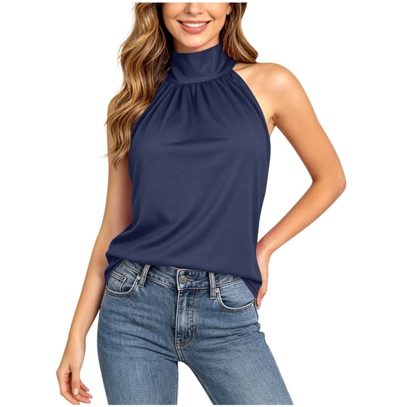 Kukoosong Women's Mock Neck Halter Tank Tops, Sleeveless Gathered High Neck Camisole Tops, Soft Stretchy Loose Fit Casual Vest Shirts for Summer
