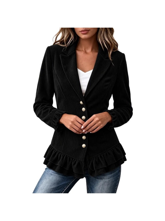 Women's Notched Lapel Corduroy Blazer, Long Sleeve Button Front Fitted Jacket with Ruffled Hem and Flared Cuffs, Casual Work Outerwear for Spring Fall Daily Wear