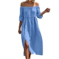 thumbnail image 1 of Kukoosong Women's Off The Shoulder Midi Dress, 3/4 Sleeve Flowy Split Dress, Elastic Crew Neck Casual Loose Fit Boho Beach Sundress, 1 of 7
