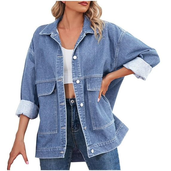 Kukoosong Women's Oversized Denim Jackets Casual Button Up Frayed Hem Shacket Button-down Jean Jacket