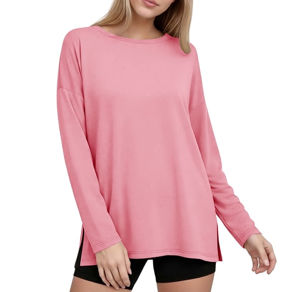Kukoosong Women's Oversized Long Sleeve Pullover Top with Crew Neck and Side Slit, Casual Loose Fit T-Shirt for Gym Workout and Daily Fitness
