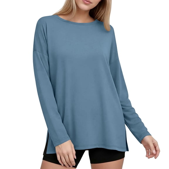Kukoosong Women's Oversized Long Sleeve Pullover Top with Crew Neck and Side Slit, Casual Loose Fit T-Shirt for Gym Workout and Daily Fitness