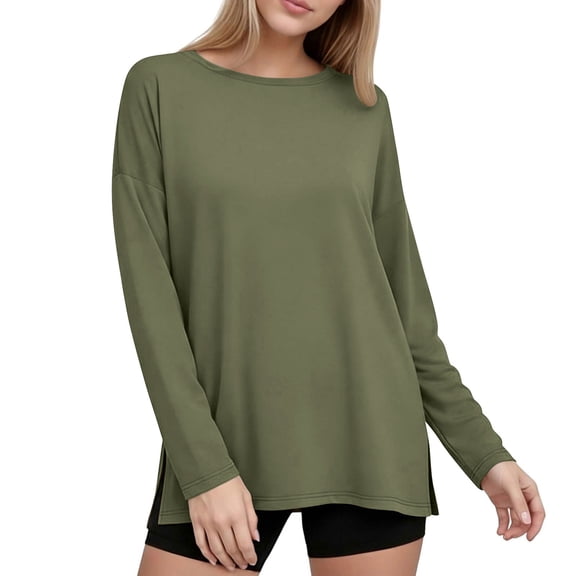 Kukoosong Women's Oversized Long Sleeve Pullover Top with Crew Neck and Side Slit, Casual Loose Fit T-Shirt for Gym Workout and Daily Fitness