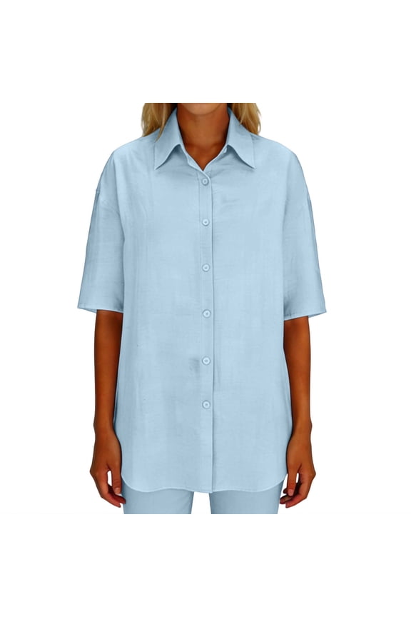Women's Oversized Short Sleeve Button-Down Blouse with Concealed Placket for Casual Workwear and Vacation Women's Shirts