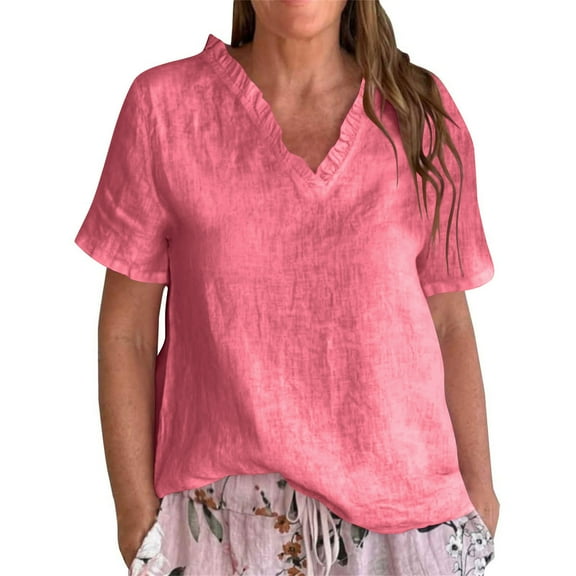 Kukoosong Women's Oversized T Shirts Loose Fit V-Neck Short Sleeve Ruffle Linen Tops