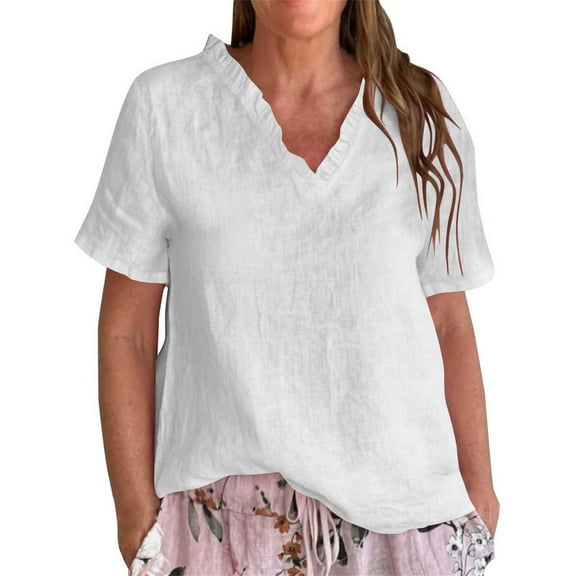 Kukoosong Women's Oversized T Shirts Loose Fit V-Neck Short Sleeve Ruffle Linen Tops