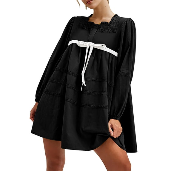 Kukoosong Women's Party Wedding Summer Spring Casual Crew Neck Long Sleeve Loose A-Line Mini Dress with Bow and Lace Dresses