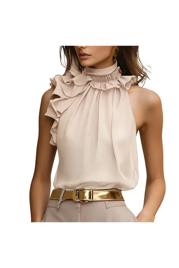 Women's Petal Collar Halter Tops Solid Color Sleeveless Crew Neck Crop Top for Summer Office, Feminine Trendy Elegant Tanks for Women
