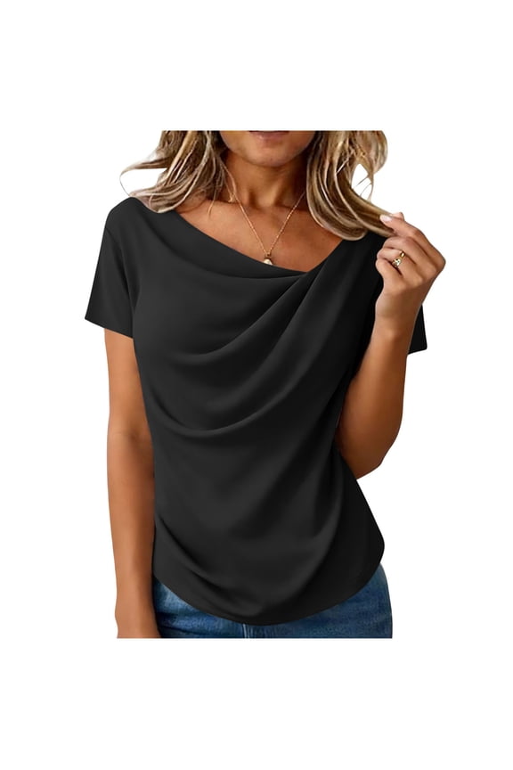 Women's Pleated Boat Neck T-Shirts Solid Color Short Sleeve Pullover for Summer Casual, Elegant and Trendy Tee Shirt for Women