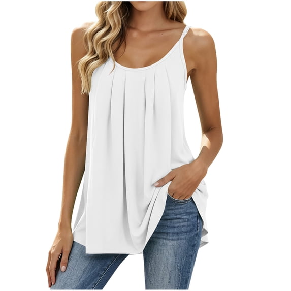 Kukoosong Women's Pleated Front Tank Tops, Adjustable Spaghetti Strap Flowy Camisole, Scoop Neck Loose Sleeveless Shirts for Summer Casual Layering