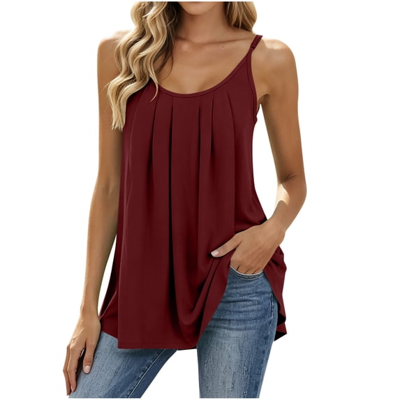Kukoosong Women's Pleated Front Tank Tops, Adjustable Spaghetti Strap Flowy Camisole, Scoop Neck Loose Sleeveless Shirts for Summer Casual Layering