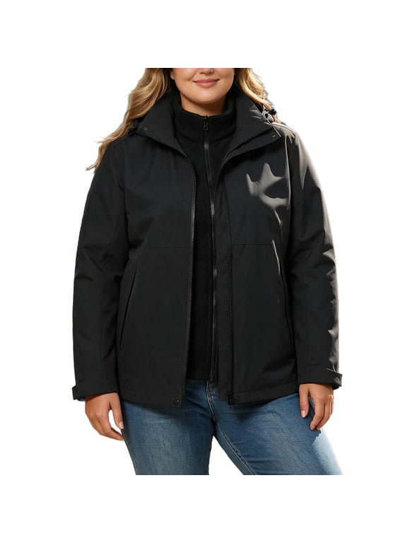 Women's Plus Size 3 In 1 Ski Jacket, Detachable Hood Windproof Waterproof Softshell Coat with Fleece Inner Layer, Long Sleeve Outdoor Winter Outerwear