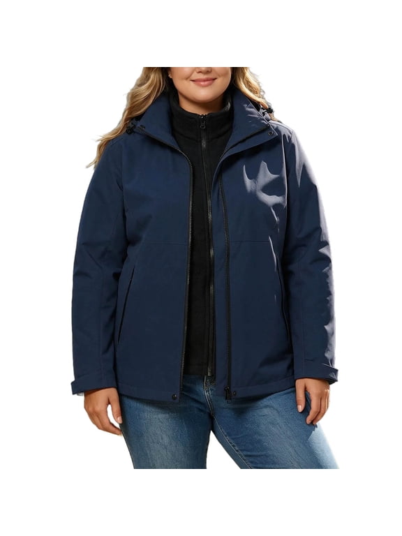 Women's Plus Size 3 In 1 Ski Jacket, Detachable Hood Windproof Waterproof Softshell Coat with Fleece Inner Layer, Long Sleeve Outdoor Winter Outerwear